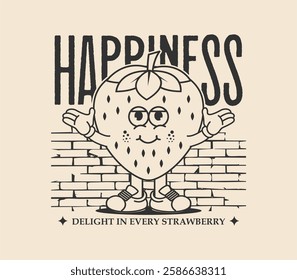 retro 70s posters or t shirt design with a cute strawberry fruit cartoon mascot character, vector illustration