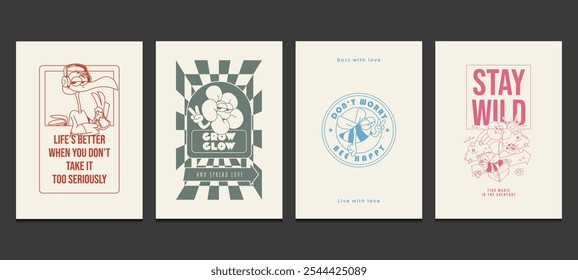 Retro 70s posters or wall art designs with positive quotes, vector illustration   