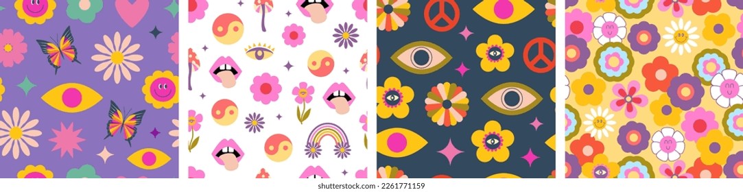 Retro 70s psychedelic backgrounds. Set of groovy hippie seamless patterns, flowers, Y2k, retro vibes, trippy. Vector illustration.