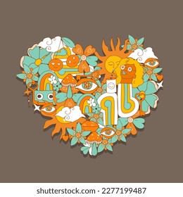 Retro 70s, psychedelic groovy elements. Cartoon funky mushrooms, flowers, rainbow, vintage hippy style element. Vector.