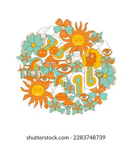 Retro 70s, psychedelic groovy elements. Cartoon funky mushrooms, flowers, rainbow, vintage hippy style element. Vector.