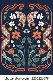 Retro 70's psychedelic hippie butterfly floral illustration print. Art nouveau style composition for poster, wall art, invites, tshirt graphic etc.