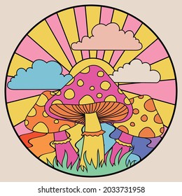 Retro 70's psychedelic hippie mushroom illustration print and groovy slogan for man    woman graphic tee t shirt sticker poster    Vector