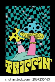 Retro 70's psychedelic hippie mushroom illustration print with trippin slogan for graphic tee t shirt or sticker poster - Vector