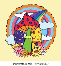 Retro 70's psychedelic hippie mushroom graphic print for t-shirt and other. Magic trippy retro vibes mushrooms and rainbow illustration for posters, stickers, clothes and decoration