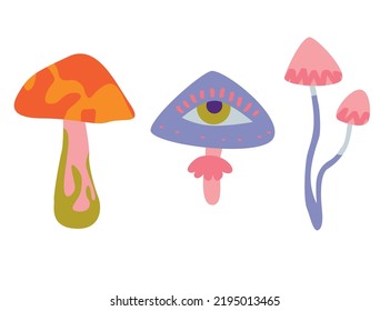 Retro 70's psychedelic hippie mushroom illustration print for man - woman graphic tee t shirt or sticker poster - Vector.