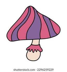 Retro 70's psychedelic hippie mushroom. Vector color illustration of mushrooms fly agarics, toadstools. A retro 70-60s design element or an icon.  Colorful illustration in vintage style. 