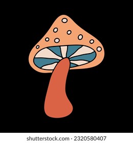 Retro 70's psychedelic hippie mushroom. Vector color illustration of mushrooms fly agarics, toadstools. A retro 70-60s design element or an icon.  Colorful illustration in vintage style. 