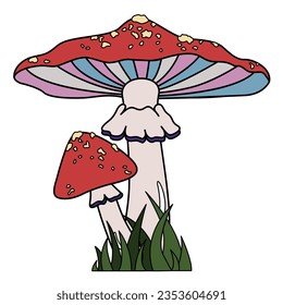 Retro 70's psychedelic hippie mushroom. Acid cartoon magic mushrooms. Fly Agaric.  Summer psychedelic elemenst in 70s and 80s style. Retro groovy stickers. Vintage hippie elements for poster, card.
