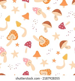 Retro 70s psychedelic mushroom seamless pattern isolated on white. Groovy hippie nature print. Textile vintage style design. Repeated background with fungi and dots. Hand drawn vector illustration