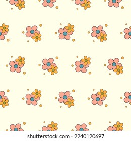 Retro 70s psychedelic seamless pattern, groovy hippie backgrounds. Cartoon funky print with flowers and mushrooms, hippy pattern vector set. 