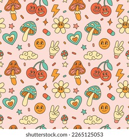 Retro 70s psychedelic seamless pattern. Cartoon funky groovy hippie background with flowers, cherries and mushrooms