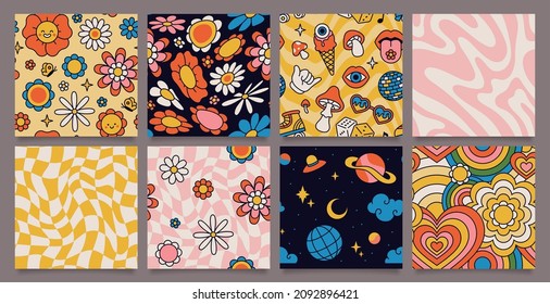 Retro 70s psychedelic seamless patterns, groovy hippie backgrounds. Cartoon funky print with flowers and mushrooms, hippy pattern vector set. Cosmos with ufo spaceship and stars, floral design