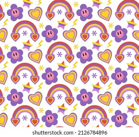 Retro 70s psychedelic seamless patterns, groovy hippie backgrounds. Cartoon funky print