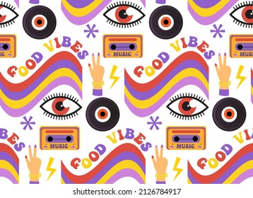 Retro 70s psychedelic seamless patterns, groovy hippie backgrounds. Cartoon funky print