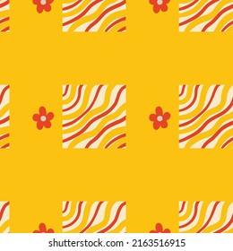 Retro 70s psychedelic seamless patterns, groovy hippie backgrounds. Cartoon funky print with flowers and mushrooms, hippy pattern vector set. Cosmos with ufo spaceship and stars, floral design