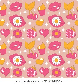 Retro 70s psychedelic seamless patterns, groovy hippie backgrounds. Cartoon funky print with lips and hearts, hippy pattern vector set. Colorful background. Vector illustration.