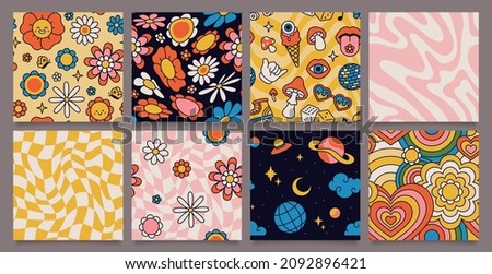 Retro 70s psychedelic seamless patterns, groovy hippie backgrounds. Cartoon funky print with flowers and mushrooms, hippy pattern vector set. Cosmos with ufo spaceship and stars, floral design