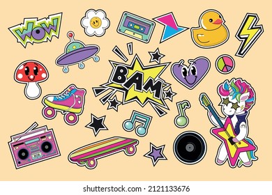 Retro 70s psychedelic stickers set with unicorn, music, mushroom in hippie style. Vector illustration for posters, stickers, t-shirt design