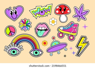 Retro 70s psychedelic stickers set with flowers, rainbow, lips, mushroom in hippie style. Vector illustration for posters, stickers, t-shirt design