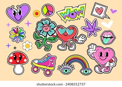 Pegatinas psicodélicas retro de los años 70 con flores, arcoiris, labios y corazón de amor al estilo hippie. Ilustración vectorial para afiches, pegatinas, diseño de camisetas