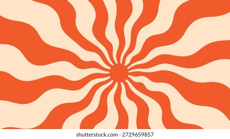 Retro 70s Psychedelic Sunburst Background with Wavy Burnt Orange Sun Rays