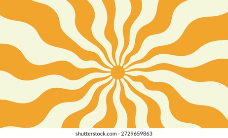 Fundo de explosão solar psicodélica retro 70s com raios de sol ondulados laranja