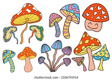 Retro 70s psychedelic trippy mushrooms, white background. Colorful hallucinogenic fantasy mushroom hand drawn doodle style. vector illustration