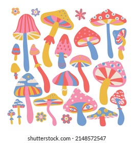 Retro 70s psychedelic trippy mushrooms isolated white background  Colorful hallucinogenic fantasy mushroom hand drawn flat vector illustration