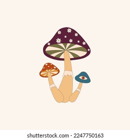 Retro 70s psychedelic trippy mushrooms.Hallucinogenic fantasy mushroom.Vector illustration in 70s, 80s style.Design for t-shirts,posters,cards