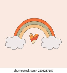 Retro 70s rainbov and heart vector illustration. Autumn vibe, vintage hippie style. 