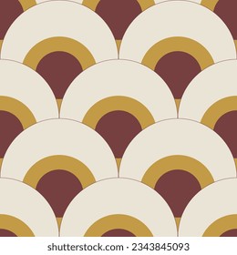 Retro 70s scale vector pattern background. Seamless scallop backdrop in orange retro colors 1970s style. Abstract geometric repeat design. Symmetrical vintage all over print for business, packaging.