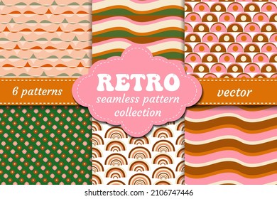 Retro 70s seamless colorful geometric pattern set. Endless texture, retro background. Vector illustration