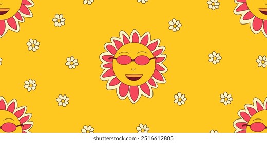 Retro 70s Seamless Hippie Pattern. Happy Sun in Sunglasses with Daisies Background. Psychedelic Groove Elements.