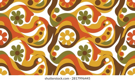 Retro 70s Seamless Pattern with Abstract Organic Shapes, Stylized Flowers, and Dots in a Vintage Color Palette. Flat vector illustration EPS 10.