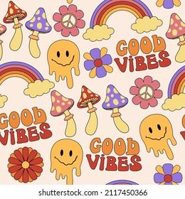 Retro 70s seamless pattern, hippie background with positive symbols. Vector cartoon flowers, mushrooms, peace sign, rainbow, melting smile.  