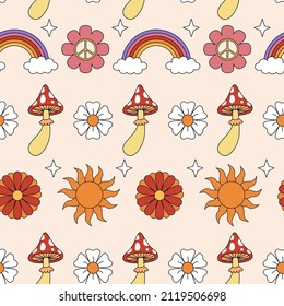 Retro 70s seamless pattern, hippie background with positive symbols. Vector cartoon flowers, mushrooms, peace sign, rainbow, sun.