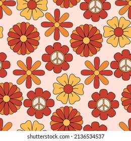 Retro 70s seamless pattern, hippie background with simple flowers. Great for fabrics and packaging.	
