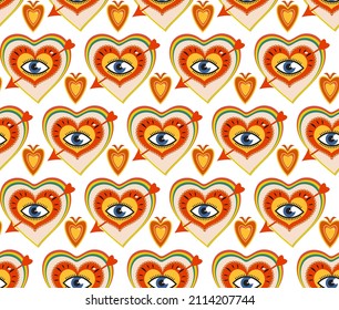 Retro 70s Seamless pattern for Valentine's Day. Hand drawn Hearts with big eyes. Vector illustration.