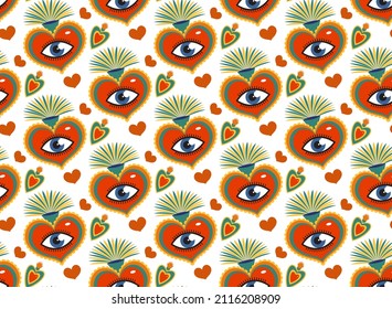 Retro 70s Seamless pattern for Valentine's Day. Hand drawn Hearts with big eyes. Vector illustration.