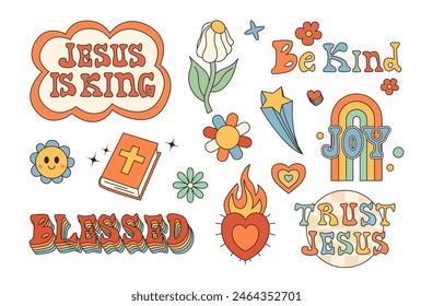 Retro 70s set of Christian stickers isolated on transparent background. Lettering. Bible, rainbow, daisy flower, sun, flower. Christian symbols. Vector Illustration nostalgia.