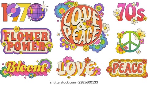 Retro 70s slogan with daisy flowers, inspirational quotes with floral elements, flower power. Vintage disco design element for poster or sticker, sixties aesthetic typography for t-shirt vector set