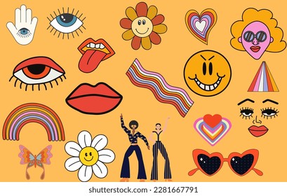 Retro 70s stickers, psychedelic groovy elements. Cartoon stickers