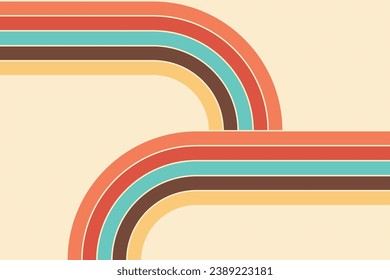 Retro 70s style background with rounded color stripes, Abstract background of rainbow groovy Wavy Line design in 1970s Hippie Retro style. 