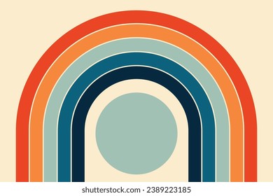 Retro 70er-Jahre-Hintergrund mit abgerundeten Farbstreifen, abstrakter Hintergrund des Regenbogen-Groovy Wavy Line Design in den 1970er Jahren Hippie Retro-Stil. 