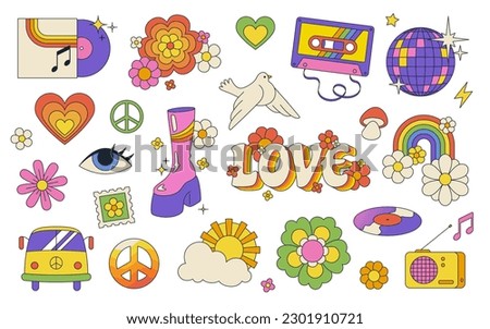 Retro 70s style aesthetic elements, disco platform shoes, vinyl and peace sign. Trendy vintage hippie stickers, white dove, daisy flowers and disco ball, cartoon groovy design element vector set