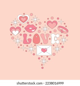 Retro 70s style Love text, groovy hippie backgrounds. Valentines Day funky print with lips and glasses. Colorful background. Vector hippie illustration.