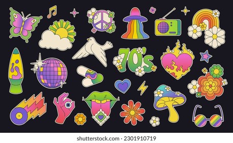 Retro 70s style psychedelic stickers  trendy vintage hippie fashion aesthetic elements  rainbow ufo  lava lamp  Colorful groovy neon disco ball  butterfly  trippy mushroom  flower sticker vector set
