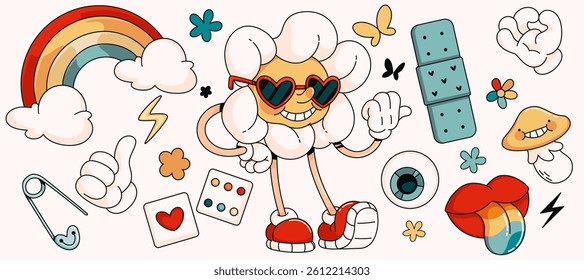 Retro 70s summer cartoon stickers set - daisy flower groovy character in sunglasses, clouds with rainbow, mushroom and lips with colorful tongue, hand gestures and eye. Abstract psychedelic elements.