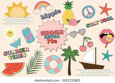 Retro 70s summer hippie stickers. Hippie stickers, psychedelic groovy elements. Cartoon funky marine sea, palm vacation rainbow, vintage hippy style element